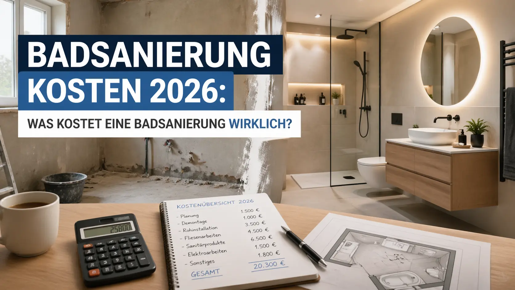 Kostenaufstellung Badsanierung 2026: Beispielhafte Preise für Planung, Montage und Sanitärartikel auf einem Notizblock bei Joma Bau.